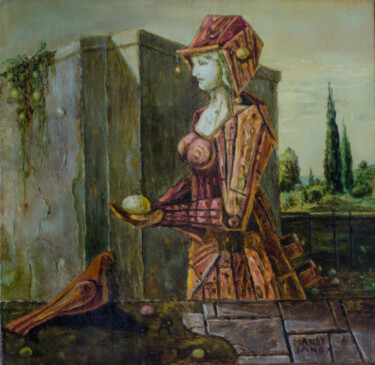 Wooden Woman holding  an egg